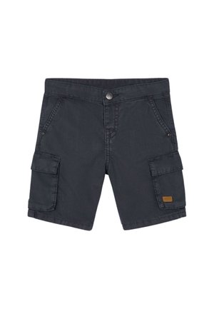 Shorts cargo grigio scuro in cotone, con chiusura a bottone frontale, due tasche laterali e una tasca sulla coscia con etichetta in pelle.