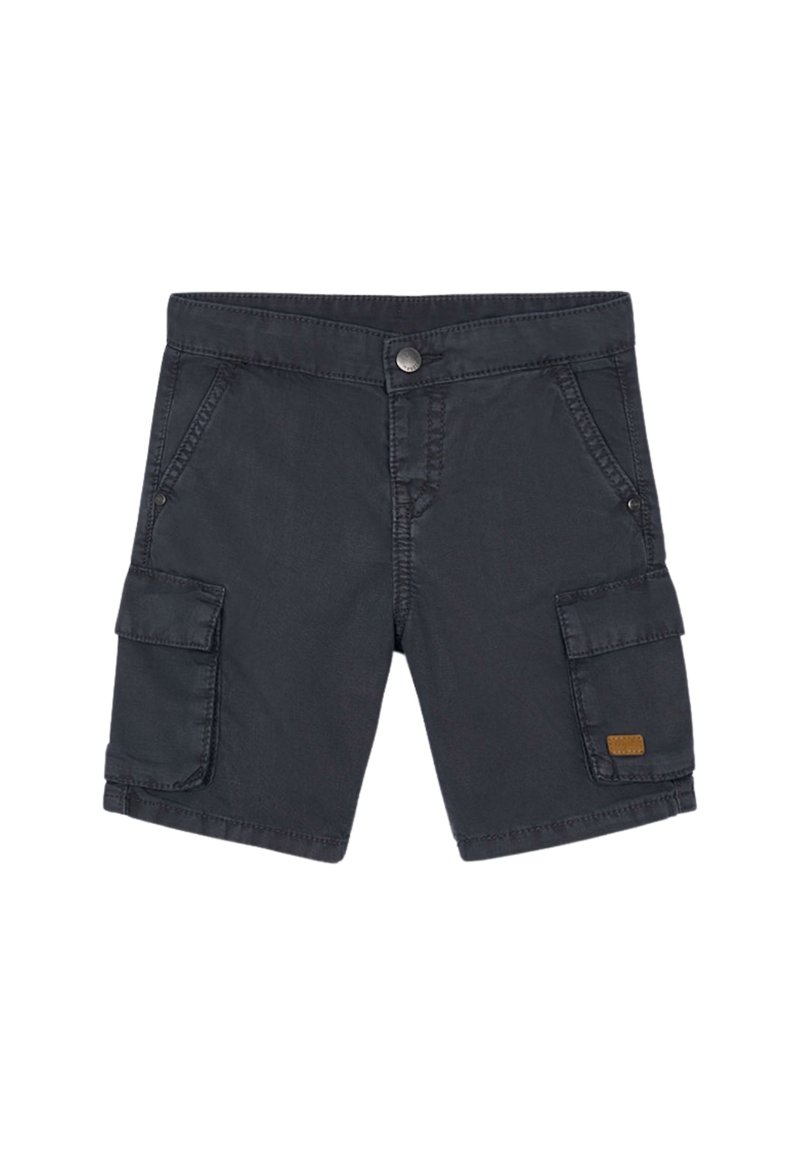 Shorts cargo grigio scuro in cotone, con chiusura a bottone frontale, due tasche laterali e una tasca sulla coscia con etichetta in pelle.