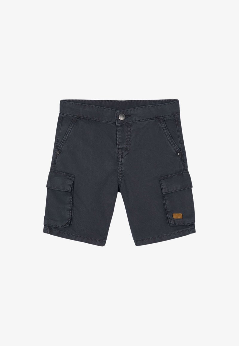Shorts cargo grigio scuro in cotone, con chiusura a bottone frontale, due tasche laterali e una tasca sulla coscia con etichetta in pelle.
