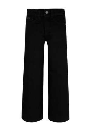 Černé denimmové kalhoty s širokými nohavicemi, se zipem, knoflíkovým zapínáním a předními kapsami. Vyznačují se čistým designem a pevnou texturou látky.