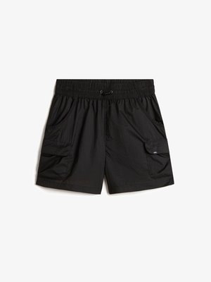 Zwarte cargoshorts met een elastische tailleband, trekkoord, twee zijzakken en textuurstof. Geschikt voor casual kleding of buitensportactiviteiten.