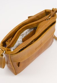 Tan leather messenger bag with adjustable strap, zippered compartments, and a patterned interior lining. Features a debossed logo detail.