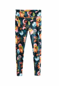 Šarene helanke napravljene od rastezljivog materijala, sa uzorkom sunca, biljaka i apstraktnih oblika u jarkim nijansama na tamnoj podlozi.