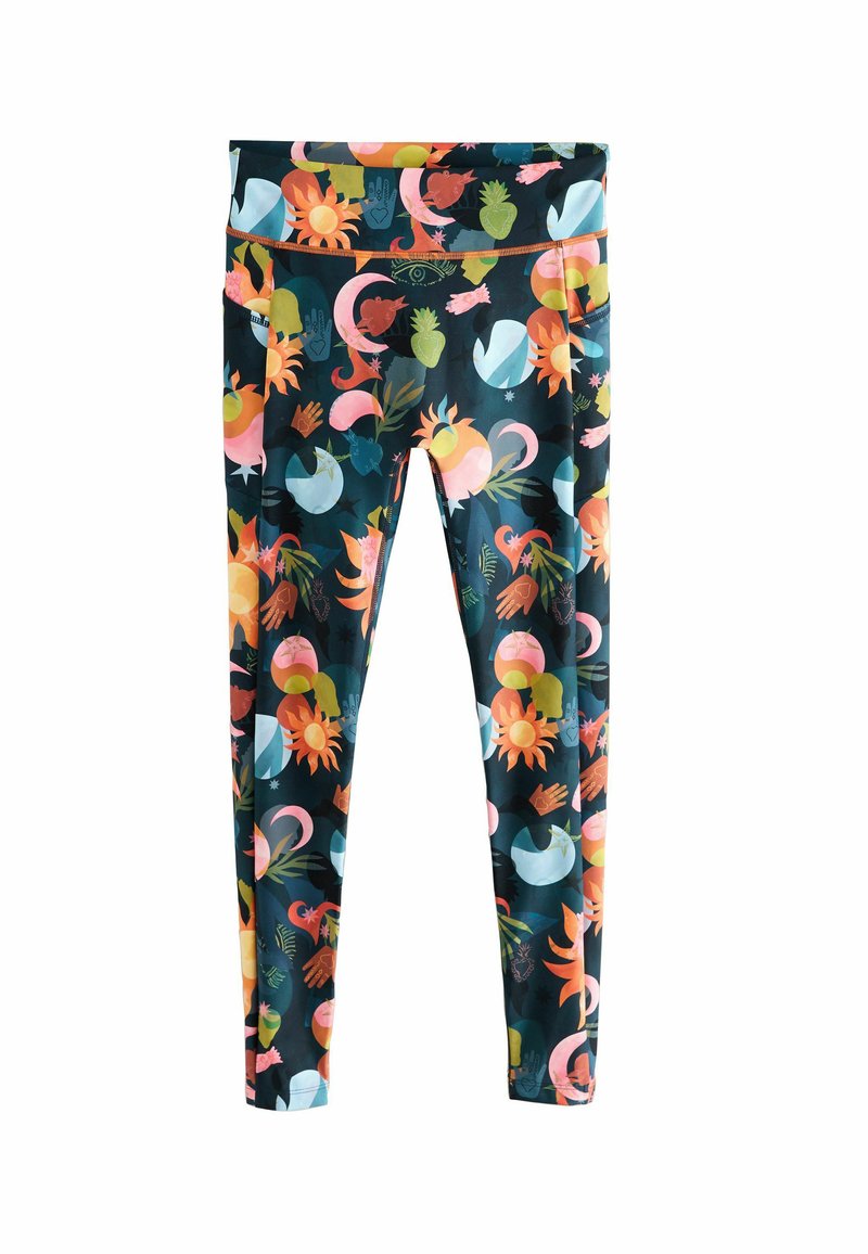 Šarene helanke napravljene od rastezljivog materijala, sa uzorkom sunca, biljaka i apstraktnih oblika u jarkim nijansama na tamnoj podlozi.