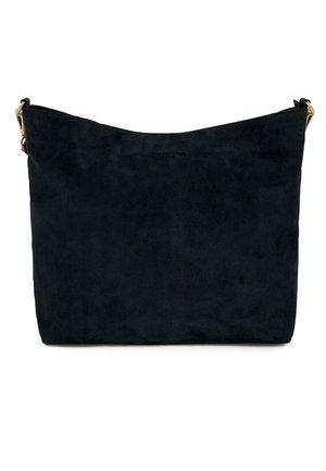 Black suede shoulder bag with a soft texture, slouchy design, gold-tone hardware, and a top-opening closure. Simple, rounded shape.