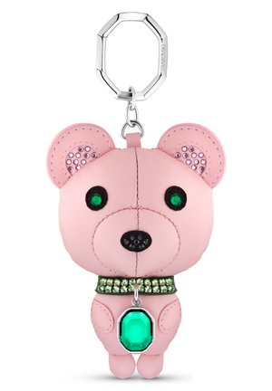 Pink leather bear keychain with green gemstone eyes, black nose, and a green bejeweled collar. Features a silver keyring attachment.