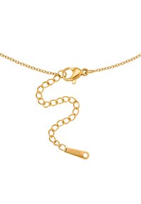 Goldene Kettenhalskette mit kleinen Gliedern, ausgestattet mit einem Karabinerverschluss und einer verstellbaren Länge. Die Kette hat eine glatte Textur und ein poliertes Finish.
