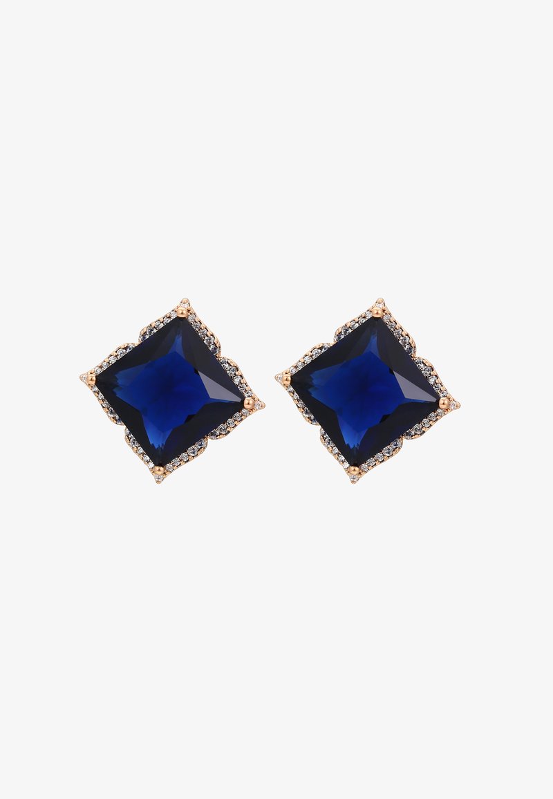 Orecchini a forma quadrata con gemme blu intenso, circondati da una cornice dorata dettagliata con piccole pietre trasparenti che accentuano i bordi.