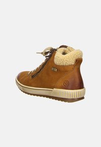 Bottes de cheville en cuir marron avec doublure en fourrure, à lacets à l'avant et fermeture éclair sur le côté. Présente une semelle en caoutchouc texturée et des détails cousus.