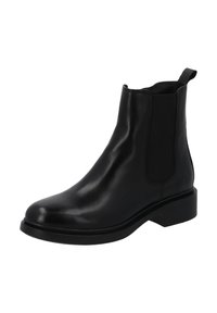 Botín de cuero negro con paneles laterales elásticos, puntera redonda, tacón bajo y en bloque, y una lengüeta en la parte trasera para facilitar su uso.