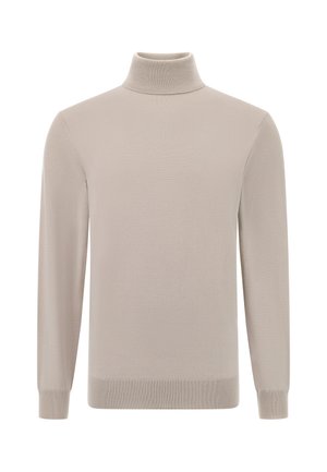 Gai krēms turtlenecks džemperis, izgatavots no mīksta trikotāžas auduma. Tam ir garas piedurknes un ribotā apkakle un aproces. Nav redzama raksta vai akcentu.