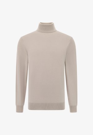 Svetlobežový rolák vyrobený z jemného pleteného materiálu. Má dlhé rukávy a rebrovaný golier a manžety. Žiadny viditeľný vzor ani ozdoby.