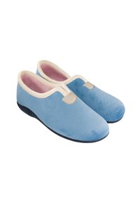 Zapatillas de casa suaves de color azul con ribete beige, forro interior rosa y suelas negras, mostradas una al lado de la otra sobre un fondo blanco.