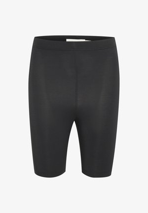 Juodos kompresinės šortai, pagaminti iš tamprių medžiagų, turintys lygią tekstūrą, iki vidurio šlaunų ilgio ir patogų elastingą juosmenį.