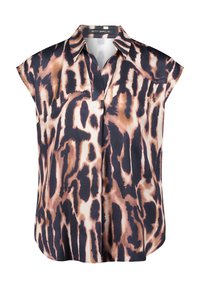 Bluzka z krótkim rękawem wykonana z jedwabiu, w różowo-brązowy wzór zwierzęcy, z kołnierzykiem i luźnym krojem, o gładkiej, błyszczącej fakturze.
