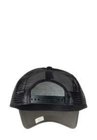 Black mesh trucker hat with a dark gray curved brim. Features adjustable plastic strap at the back and a plain design.