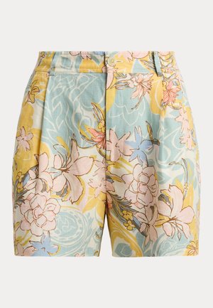 Shorts mit Blumenmuster in Pastellgelb, Blau und Rosa, Knopfverschluss und vorne mit Falten.