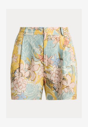 Shorts mit Blumenmuster in Pastellgelb, Blau und Rosa, Knopfverschluss und vorne mit Falten.