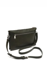 Pochette in pelle verde con design piatto, dotata di zip superiore e tracolla regolabile. Include una tasca con zip anteriore per ulteriore spazio di archiviazione.