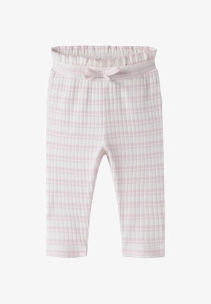 Pantalon bébé doux côtelé avec des rayures horizontales rose pâle, taille élastique et petit nœud noué au centre devant.
