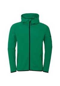 Veste zippée verte avec un col montant, fabriquée en tissu lisse. Présente un zip noir et des accents sur les poignets et les poches.