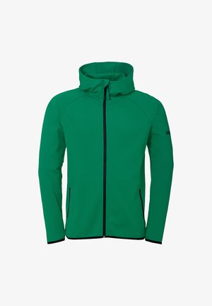 Groene ritsjack met hoge kraag, gemaakt van soepel materiaal. Voorzien van een zwarte rits en accenten op de manchetten en zakken.