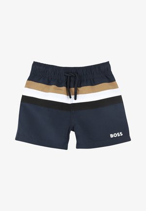 Shorts de bain navy avec un cordon de serrage à la taille, présentant des rayures horizontales en beige, blanc et noir. Logo "BOSS" en blanc en bas à droite.