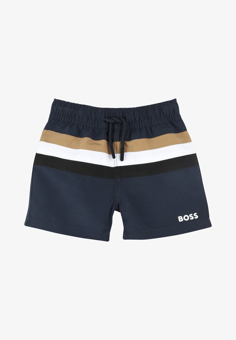 Shorts de bain navy avec un cordon de serrage à la taille, présentant des rayures horizontales en beige, blanc et noir. Logo "BOSS" en blanc en bas à droite.