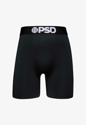 Mustat boxerit joustavasta kankaasta, jossa on logolla varustettu vyötärönauha. Muotoilu on yksinkertainen, sileä ja ilman näkyviä kuvioita.