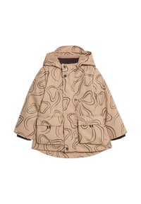 Beige regnfrakke med sort sløjfe-print, hætte, trykknapper og to forlommer. Glat tekstur med kontrasterende mørke manchetter.