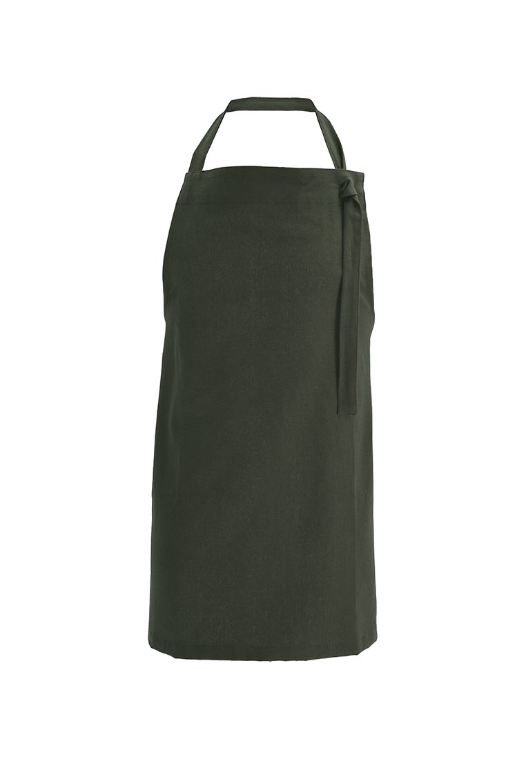 Tablier long vert foncé avec strap de cou et longues lanières latérales sur fond blanc.