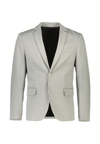 Blazer gris claro hecho de una tela suave y elástica. Cuenta con un cierre de un solo botón, dos bolsillos frontales y un diseño de solapa con muesca.