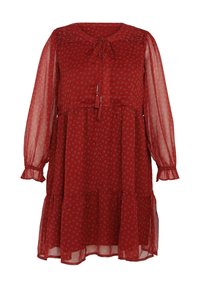 Robe rouge à motif, avec de longues manches transparentes, un corsage froncé, un col en nœud et un ourlet à volants en étages. Présente des motifs floraux sur toute la surface.