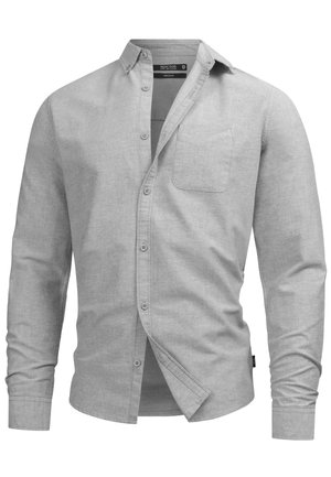 Grijze lange mouw knoopsluiting shirt gemaakt van een gestructureerde stof, met een enkele borstzak en een standaard kraag.