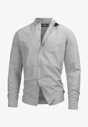 Szürke, hosszú ujjú, gombos ing, texturált anyagból készült, egyetlen mellzsebbel és klasszikus gallérral.