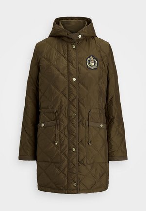 Quilted olive green parka with a hood, featuring a logo patch, front snap buttons, drawstring waist, and two side pockets.