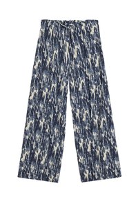 Pantaloni a gamba larga in un motivo astratto blu e crema, con vita regolabile e tessuto morbido e texturizzato.