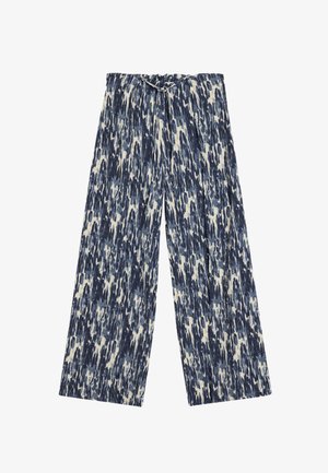 Wijdbenige broeken in een blauw en crème abstract patroon, met een koord in de taille en zachte, gestructureerde stof.