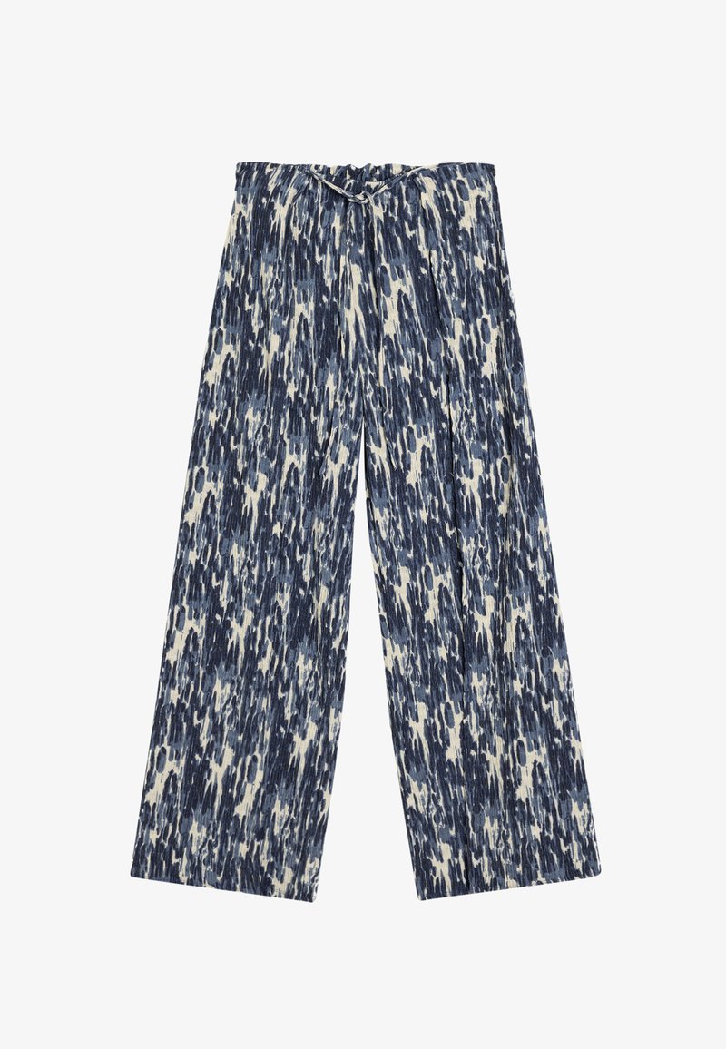 Pantaloni a gamba larga in un motivo astratto blu e crema, con vita regolabile e tessuto morbido e texturizzato.