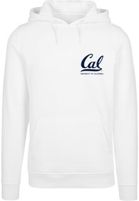 Bílá mikina s kapucí, která má vpředu klokaní kapsu a stahovací šňůrku. Na levé části hrudi je tmavě modrý nápis "Cal" a "UNIVERSITY OF CALIFORNIA".
