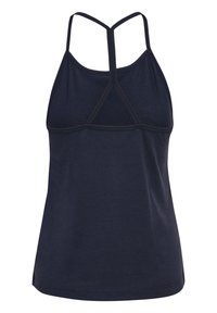 Mörkblå sporttopp med racerback-design, som har meshdetaljer och sömlös konstruktion för komfort och andningsförmåga.