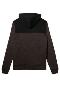Hooded sweatshirt in dark brown with a black shoulder panel. Features a soft texture and ribbed cuffs and hem. Designed for comfort and warmth.