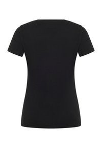 T-shirt noir uni à manches courtes, montré de dos, avec un col rond et une coupe ajustée.