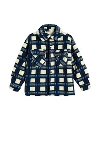 Chaqueta de camisa de cuadros hecha de material suave, con una base crema y líneas en azul y marrón oscuro, dos bolsillos en el pecho y cuello con solapas.