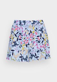 Bloemachtige shorts van lichtblauwe stof met een gestructureerd oppervlak, voorzien van kleurrijke bloemen en donkere bladeren. Elastische tailleband.