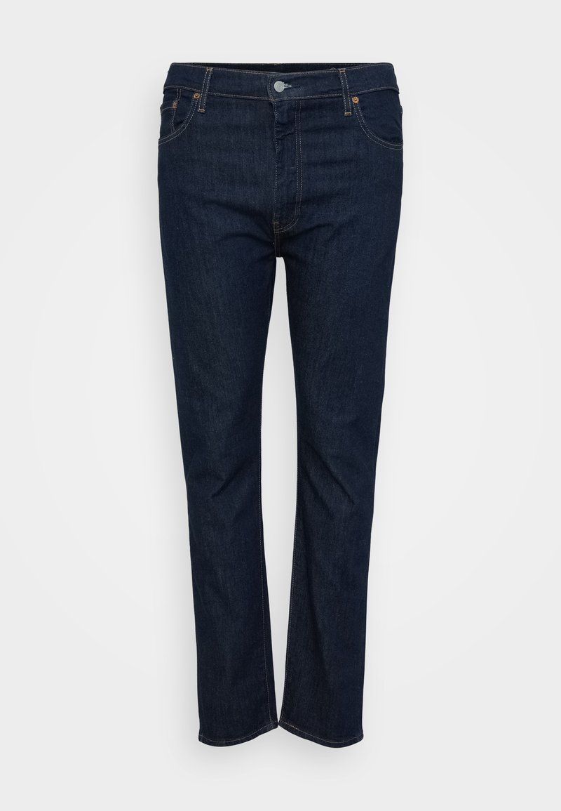 Dunkelblaue gerade geschnittene Jeans mit vorderem Knopf- und Reißverschluss, Vorder- und Gesäßtaschen, auf einem weißen Hintergrund präsentiert.