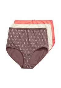Verpakking van drie damesonderbroeken: bruin met witte bloemenprint, crème en koraal. Elke onderbroek heeft een rekbare tailleband met kleine strikjes.