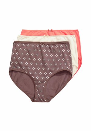 Verpakking van drie damesonderbroeken: bruin met witte bloemenprint, crème en koraal. Elke onderbroek heeft een rekbare tailleband met kleine strikjes.