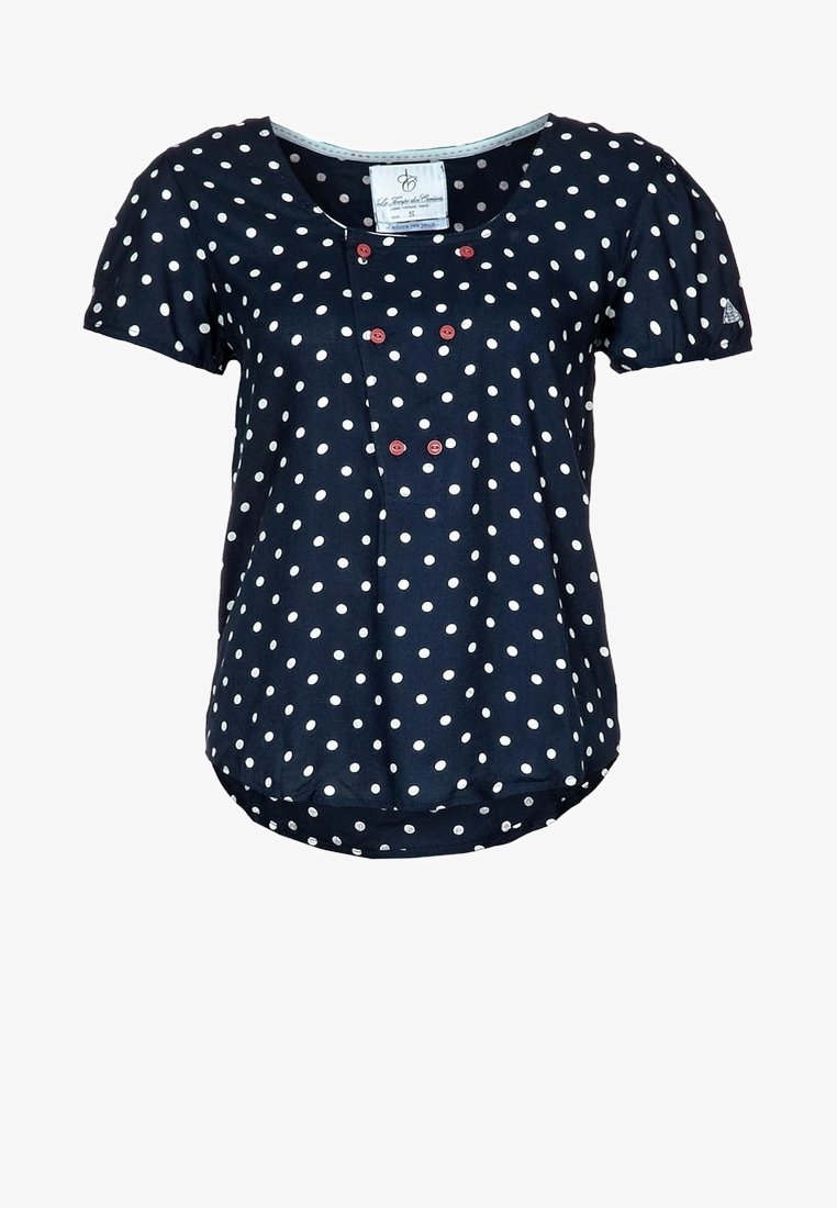 Blusa blu navy a maniche corte con pois bianchi, scollatura rotonda e dettagli frontali in bottone rosso. Tessuto morbido con vestibilità rilassata.
