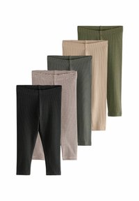 Cinq paires de leggings de différentes couleurs : noir, vert olive, beige, marron rayé et vert foncé ; texture côtelée, conception longueur cheville.